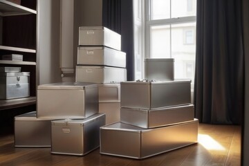 silver metal stationery Box Office Supplies white silver boxes with metal corners.piles stack of box 