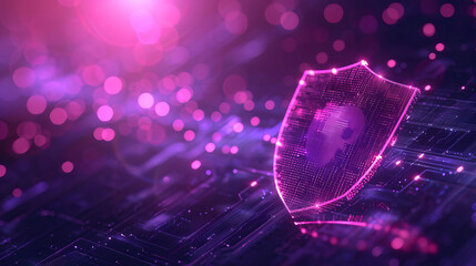 Shield on purple technology background. Data protection concept. Cyber Security Privacy Business Internet