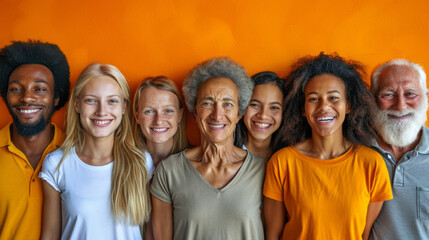 People from different age groups from very young, teenagers to grandpa, al smiling, customer experience in orange color