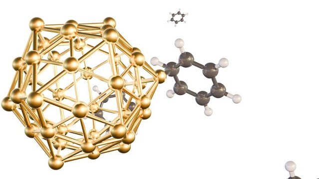 3d animation of benzene molecules conjugated gold (Au) nanoparticles (NPs) on the white background