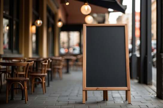 blank restaurant menu board in front of a cafe, standing blackboard for menu