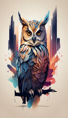 high quality, 4K Ultra HD, A double exposure that combines an owl with a minimalist T-shirt design with a vintage twist, In this captivating double exposure artwork, envision a minimalist t-shirt desi