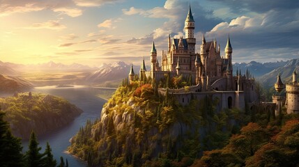 Elegant sanctuary, hillside allure, enchanting turrets, fairy-tale spires, enchanted domain. Generated by AI.