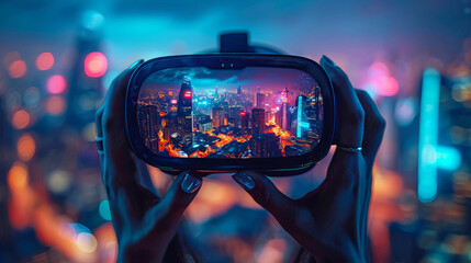 hands holding virtual reality glasses against the background of the night city in cyberpunk style - obrazy, fototapety, plakaty
