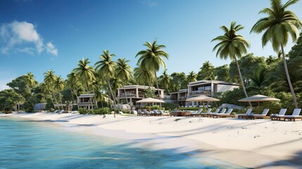 Exquisite oasis, palm-framed sands, tropical elegance, coastal serenity, beachside resort. Generated by AI.