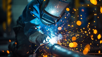 A welder in equipment and a mask welding a pipe