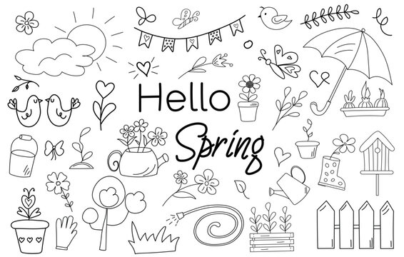Spring  doodle icons set with handwritten lettering hello spring. Line art. Flowers in pots watering can, birds, sun, umbrella. Hand drawn style. Gardening, springtime concepts.