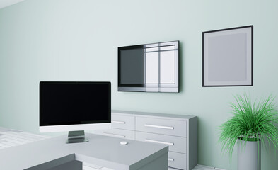Office interior design in whire color. 3D rendering.. Mockup.   Empty paintings
