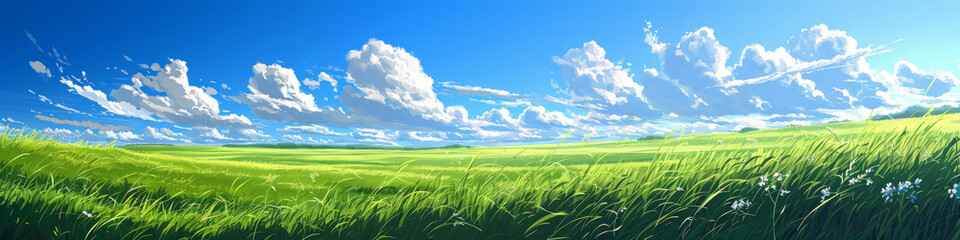 Green meadows with blue sky and clouds background. Beautiful anime style - obrazy, fototapety, plakaty