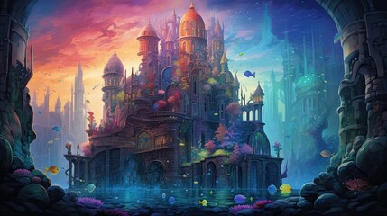 Obraz premium Mermaids gracefully glide alongside whimsical seahorses, painting a captivating aquatic panorama. Submerged metropolis, mystical merfolk, marine marvel. Generated by AI.
