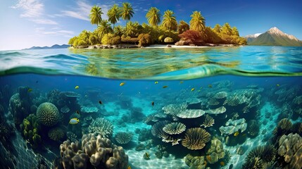 Coral reefs thriving in crystal-clear waters, a bustling ecosystem filled with an abundance of marine life forms. Teeming biodiversity, underwater spectacle. Generated by AI. - obrazy, fototapety, plakaty