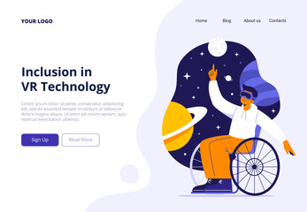 A man in a wheelchair uses virtual reality glasses to explore space. Inclusive education in the VR and metaverse. Vector flat illustration for website, mobile app, and promo materials.