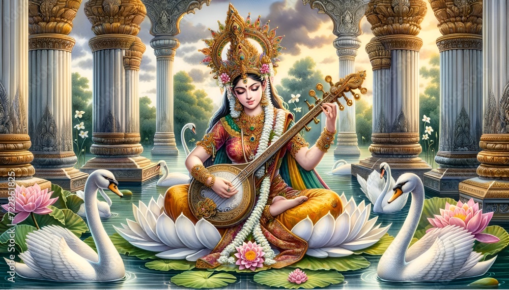 Canvas Prints watercolor illustration of a goddess saraswati sitting on a white lotus and playing a traditional in