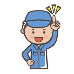 指差しポーズのイメージの男性作業員、清掃員のイラスト_説明_ポイント_提案