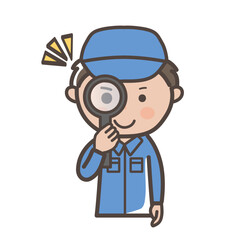 虫眼鏡を持って点検をするイメージの男性作業員、清掃員のイラスト