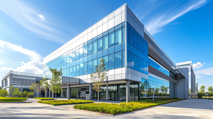 Fototapeta premium Bottom view of modern business district against blue sky. Looking up at business buildings in downtown.