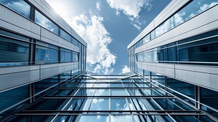 Bottom view of modern skyscrapers in business district against blue sky. Looking up at business buildings in downtown.