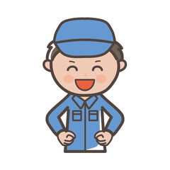満面の笑みを浮かべる男性作業員、清掃員のイラスト