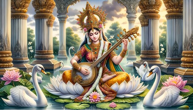 Watercolor illustration of a goddess saraswati sitting on a white lotus  and playing a traditional instrument veena.