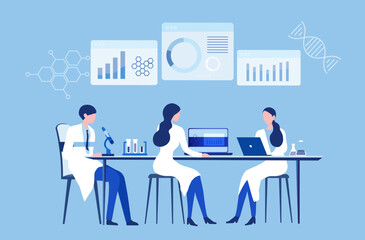 Professional scientists, doctors and chemical researchers working and analysis in laboratory experiment vector  Illustration. Medical laboratory, research experiment biology molecular concept.