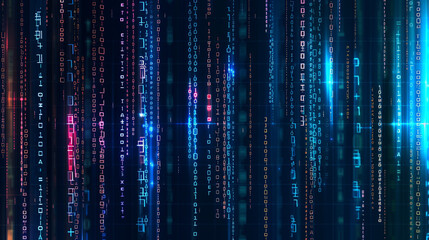 Fototapeta premium Colorful Digital Binary Data Digits And Streaming Source Code Background. Creative background. Copy paste area for texture