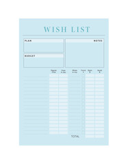 Wish List Planner. Minimalist planner template set. Vector illustration.