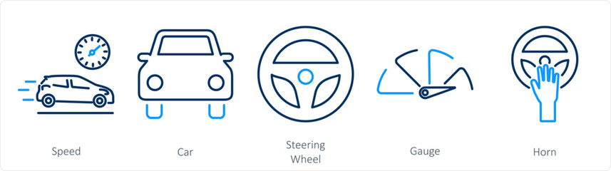 A set of 5 Car icons as speed, car, steering wheel - obrazy, fototapety, plakaty