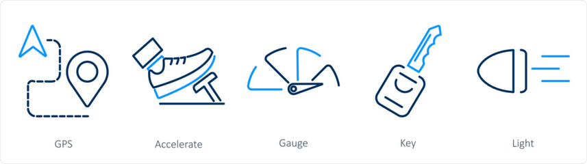 A set of 5 Car icons as gps, accelerate, gauge 