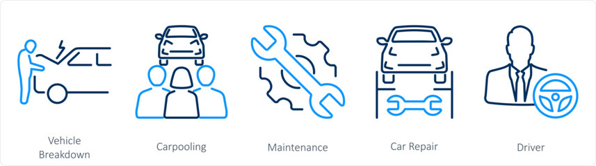 A set of 5 Car icons as vehicle breakdown, carpooling, maintenance