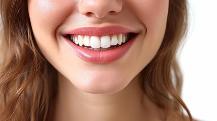 Obraz premium Beautiful female smile after teeth whitening procedure. Dental care. Dentistry concept.