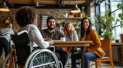 A diverse group of people - one of them in a wheelchair - are sitting around a wooden table, engaged in conversation in a creative office setting