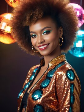 A woman with a large afro and bright makeup poses for a photo. She wears a gold sequin jacket and large gold earrings. Disco balls of different colors are visible in the background.