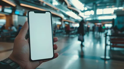 Foto op Canvas Hand holding an isolated smartphone device with blank empty white screen at the airport station, travel business communication technology concept © BeautyStock