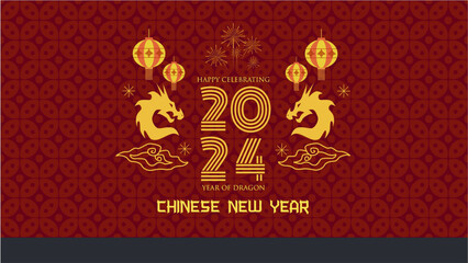 Elegant Red Batik Chinese New Year Banner with Modern Geometric Background. Design with Dragon, Lantern, Cloud, and Firework. Suitable for Greeting Card, Poster and Calendar. Gong Xi Fa Cai