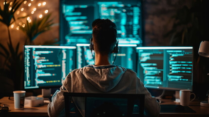 IT Specialist Working on Personal Computer with Monitors Showing Coding Language Program. Technical Room of Data Center with Server Rack.