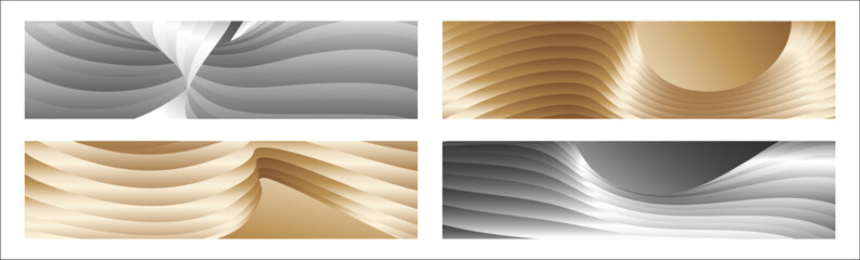 Wavy silver and gold parallel gradient lines, ribbons, silk. Set of 4 backgrounds. Black and white with shades of gray or golden silk. Banner, poster. eps vector