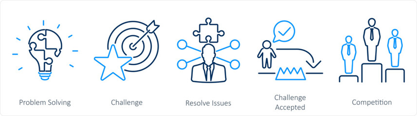 A set of 5 Challenge icons as problem solving, challenge, resolve issues