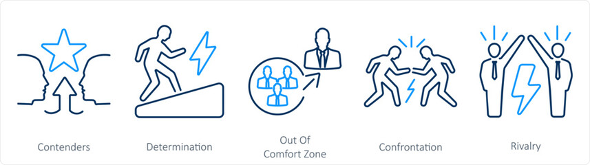 A set of 5 Challenge icons as contenders, determination, out of comfort zone