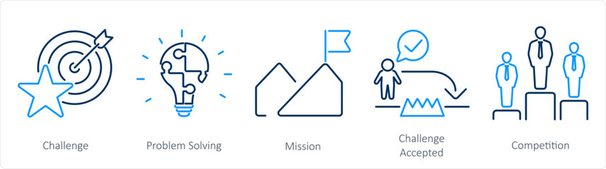 A set of 5 Challenge icons as challenge, problem solving, mission