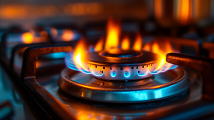 Gas stove burner ignited with yellow and blue flame, representing home cooking and energy efficiency.

