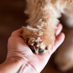 Close-up of a human hand gently holding a dog's paw, symbolizing trust and friendship.
