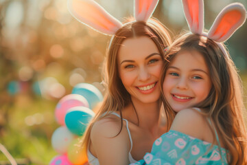 Mother and daughter with bunny ears enjoying Easter, surrounded by colorful eggs and spring flowers.
