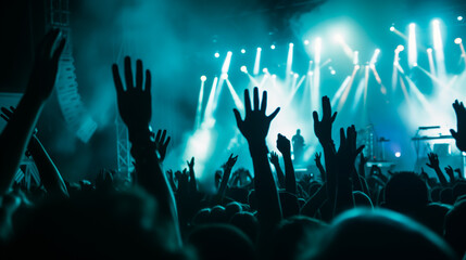 Excited concert crowd with raised hands enjoying live music performance under blue or teal stage...