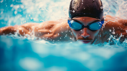 Fototapeta na wymiar Competitive male swimmer in mid-race, executing butterfly stroke in a pool, Shallow field of view. 