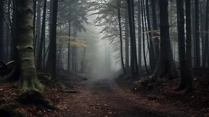 Foto op Plexiglas Footpath in a beautiful foggy, mysterious forest © Alexandra