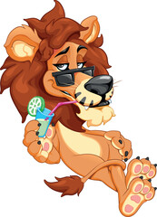 Funny lion drinks a fruit juice with sunglasses. Vector cartoon isolated character with transparent background.
