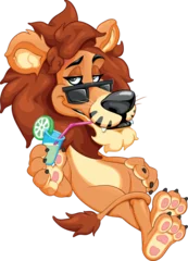 Poster Im Rahmen Funny lion drinks a fruit juice with sunglasses. Vector cartoon isolated character with transparent background.  © ddraw