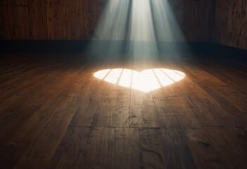 Rays of light penetrate a dark room and form a spot of light on the floor in the shape of a median