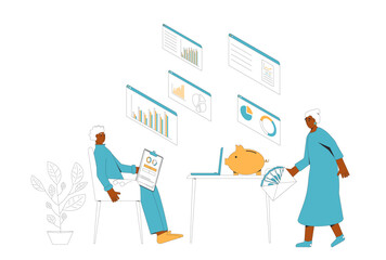 Elderly family budgeting. Couple with money and analyze retirement savings. Vector illustration