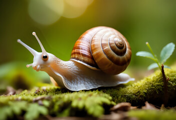 close-up of a clam walking in a lush forest - obrazy, fototapety, plakaty